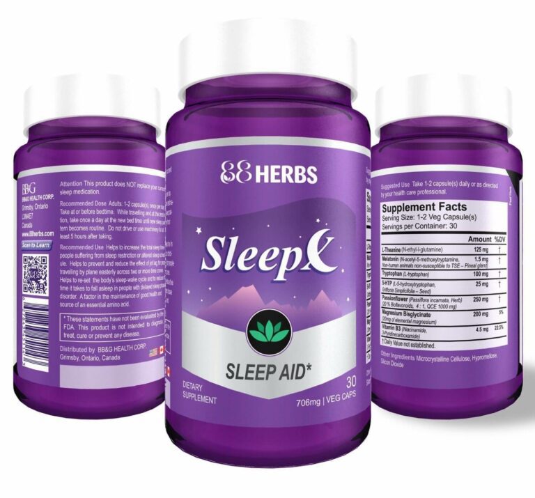 Three purple bottles of 88Herbs Sleep Aid dietary supplement are shown, with the front label displaying the brand, product name, and moon and leaf logo. The other two bottles reveal side labels providing supplement facts and product information. Introducing Sleep-X for a restful night’s sleep.