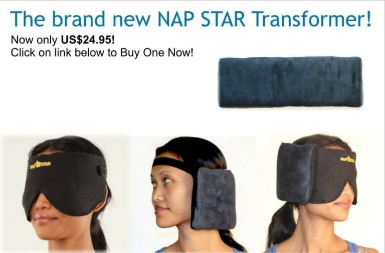 A promotional image for the NAP STAR Transformer by Dreamcloud Productions, priced at $24.95. This versatile black sleep mask with padded sides is shown worn in different ways by a woman – as a sleep mask, as a forehead band, and with pads covering the ears.