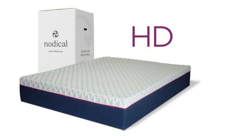 A Nodical Mattress with a textured surface is displayed in front of a box labeled "nodical" with the company's website, nodicalbed.com. The letters "HD" are visible to the right of the mattress, possibly indicating a model or feature.