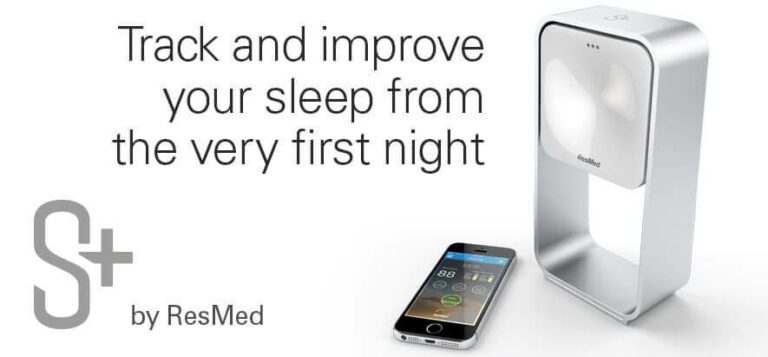 Advertisement for ResMed S+, featuring a sleek sleep tracking device beside a smartphone displaying the app interface. The text reads, "Track and improve your sleep from the very first night." The ResMed S+ is silver with a curved design and compact size.