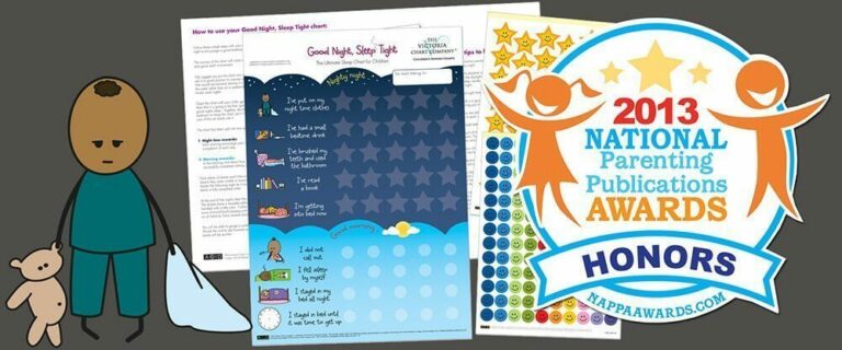 An illustrated figure in pajamas, clutching a stuffed animal and blanket, stands beside a Sleep Chart labeled 'Good Night Sleep Tight,' adorned with colorful stickers and the prestigious '2013 National Parenting Publications Awards Honors' badge—perfect for children's bedtime routines.