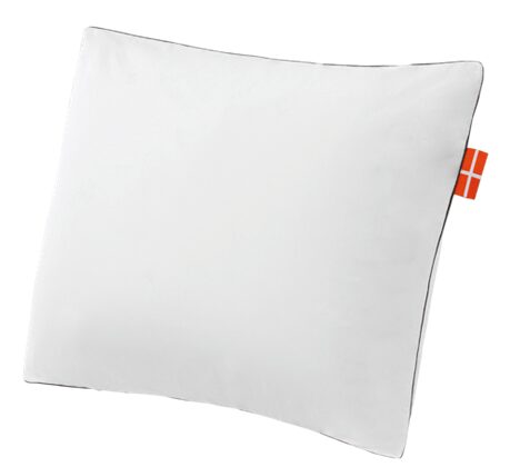 A plain white square Danican pillow with a small red tag featuring a white cross on the top right edge. The pillow has a simple design with subtle black piping around its edges. The backdrop is plain and white.