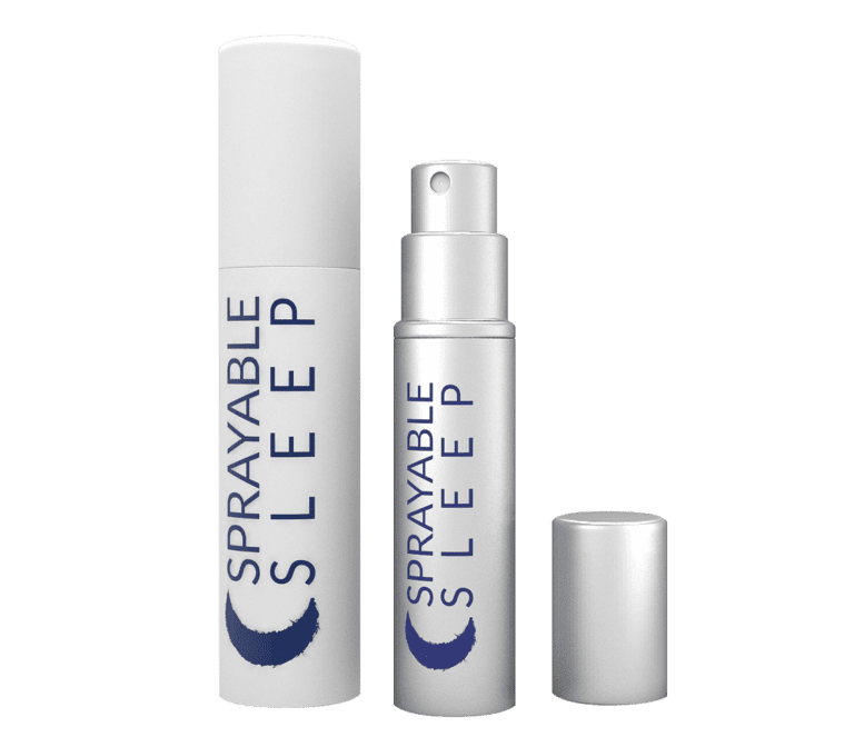 Two cylindrical bottles labeled "SPRAYABLE SLEEP" sit side by side. One is capped, while the other reveals its spray nozzle. Both are silver with blue text and a blue crescent moon graphic, embodying tranquility.