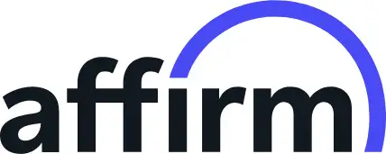 The image displays the logo of Affirm, a financial technology company specializing in services like mattress financing. The logo consists of the word "affirm" in bold black letters, with the top part of the letter "f" extending into a blue arc that curves over the last three letters.