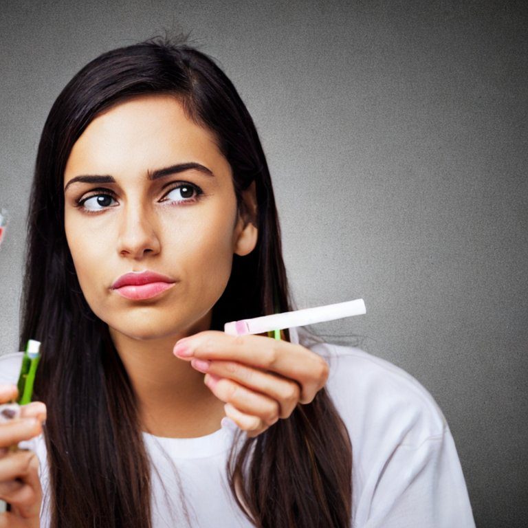 A woman with long dark hair looks pensively to her left while holding a toothbrush in one hand and a positive pregnancy test in the other. She wears a white shirt and stands against a plain gray background.