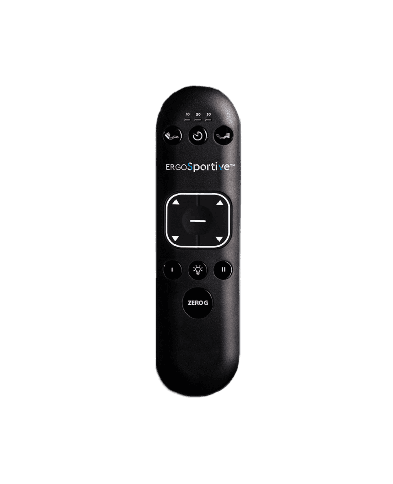 A black ergonomic remote control with the label "Ergo Sportive" near the top and various buttons on the front, including directional arrows, a central selection button, and additional function buttons labeled with icons and text such as "ZEROG," designed for use with the Ergo Sportive Adjustable Smart Bed.