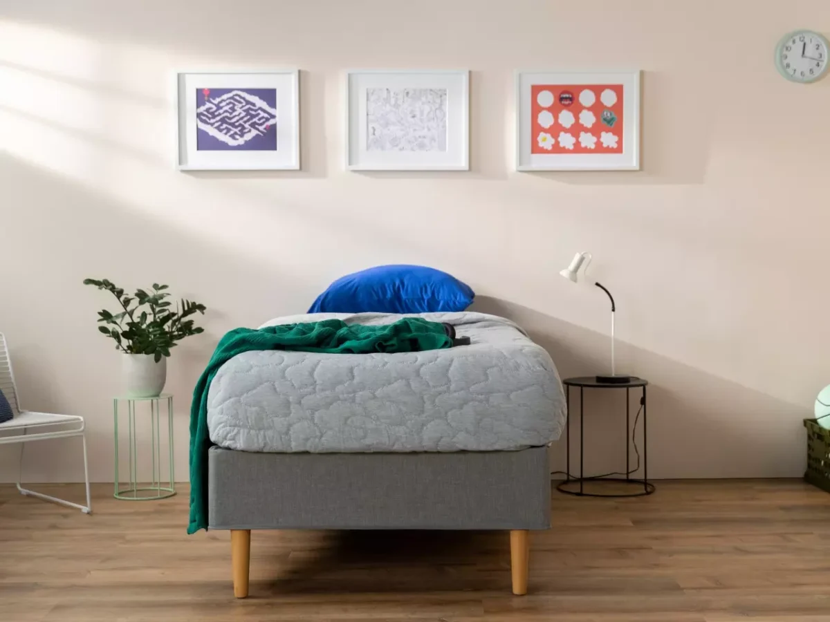 A neatly made bed with a gray comforter and a blue pillow, featuring a comfortable Purple Mattress, is centered in a room with light-colored walls. Above the bed, three framed artworks in various colors hang on the wall. A small nightstand with a lamp and a plant in a basket sit nearby.