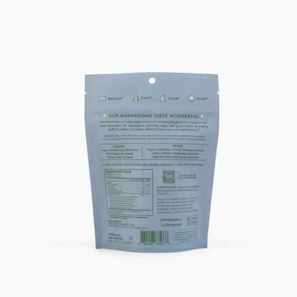 A light blue resealable package of WonderSleep Mushroom Gummies by Plant People is shown from the back. The packaging includes text about the product's benefits, supplement facts, directions for use, and contact information.