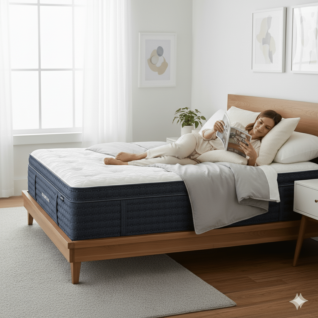 Person relaxing on a comfortable mattress.