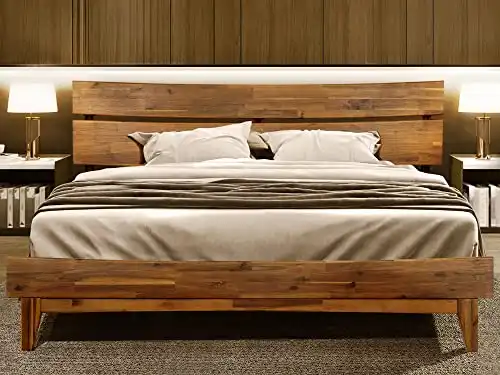Acacia Aurora 14 Inch Wood Platform Bed Frame with Headboard, King Size , Caramel