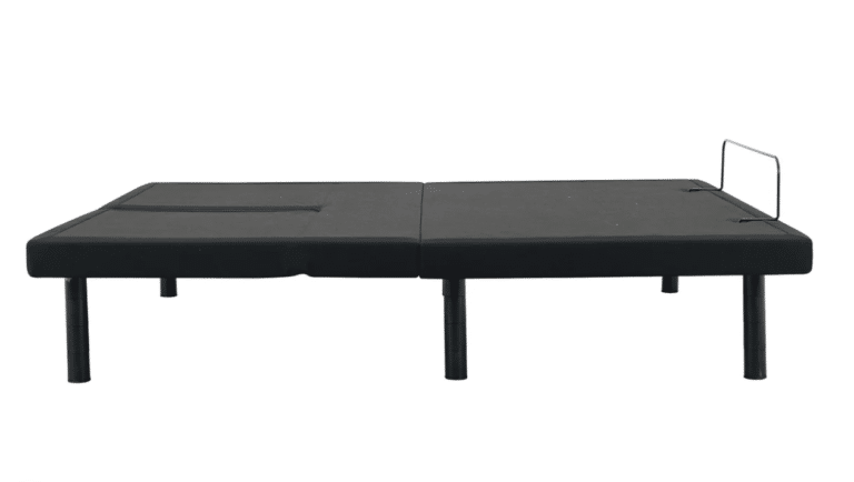 A side view of the DUETTO Split Top Adjustable Base in black, featuring six sturdy legs and a split down the middle. A small metal bar is visible at one end, demonstrating its setup without a mattress.