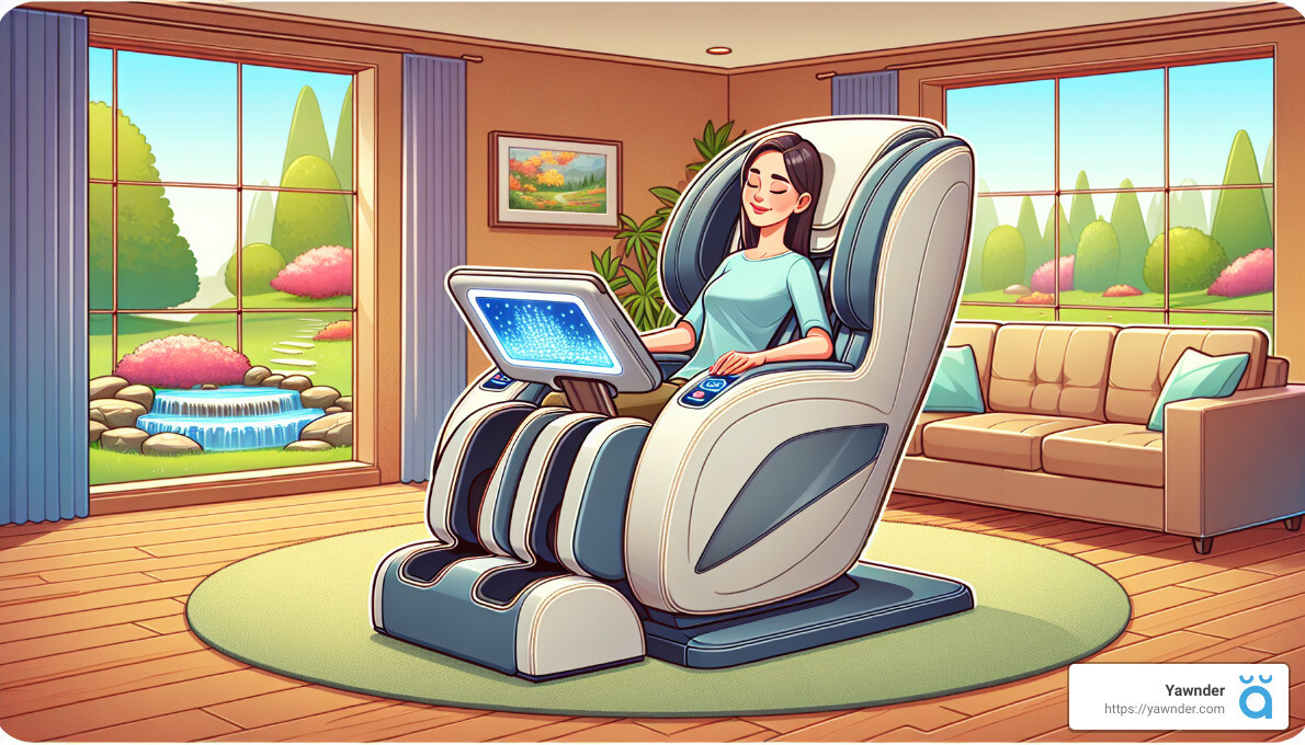 A woman sits comfortably in a modern massage chair in a bright, cozy living room with a large window revealing a picturesque garden with a small waterfall. The chair features a control screen displaying various options. A couch is visible in the background.