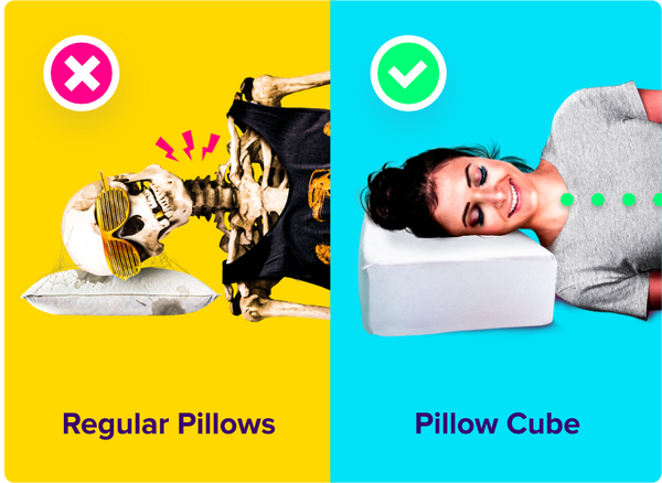 A split image compares two pillow types. The left side shows a skeleton with a regular pillow and a red 'X' mark, indicating discomfort. The right side shows a person comfortably resting on a cube-shaped pillow with a green checkmark. Captions: Regular Pillows and Pillow Cube.