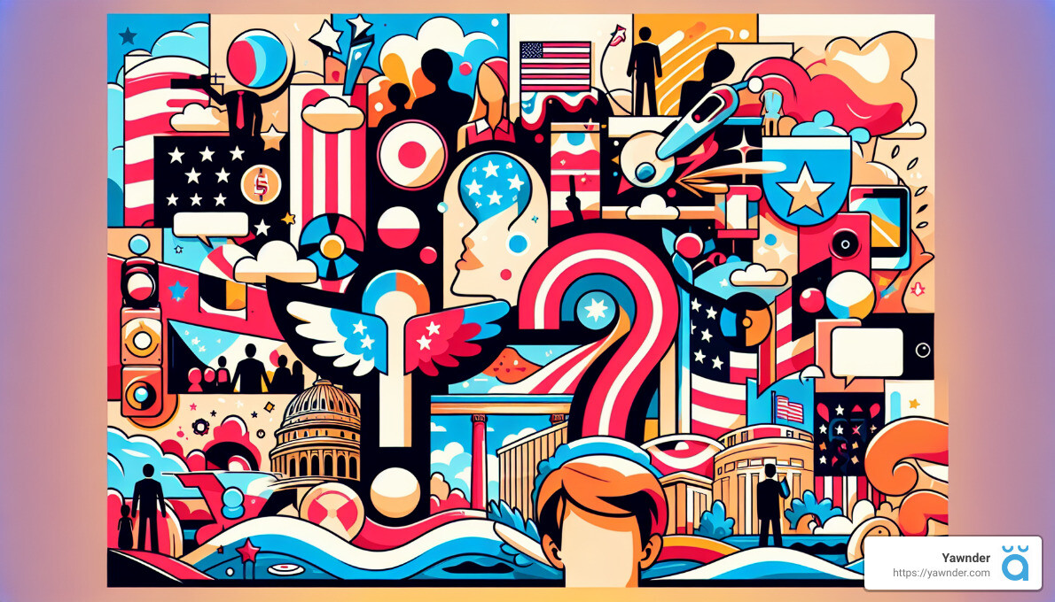 Colorful pop art-style illustration containing various American symbols, such as the Capitol Building, an eagle, the Statue of Liberty, stars, and stripes. Central elements include a large question mark and a person's head. The background features abstract shapes and flags.