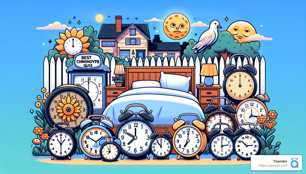 A colorful illustration features a bedroom scene with a bed, pillows, and nightstands. Clocks of various styles and sizes surround the bed. The backdrop includes a house, a sunflower with a clock face, and cartoon sun and moon faces with clouds and stars.