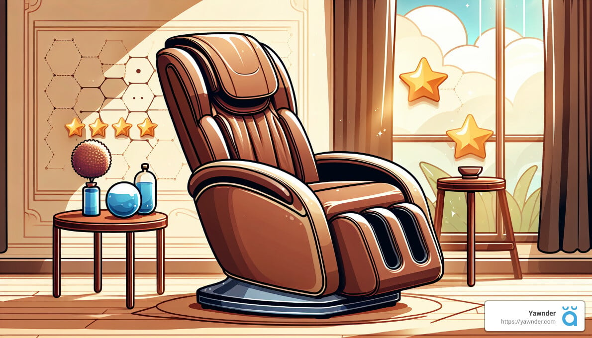 A cozy room features a luxurious brown massage chair positioned near a sunlit window. The room is decorated with a hexagonal wall pattern, three yellow stars on the window, a table with wellness items, and a small side table with a cup of tea or coffee.