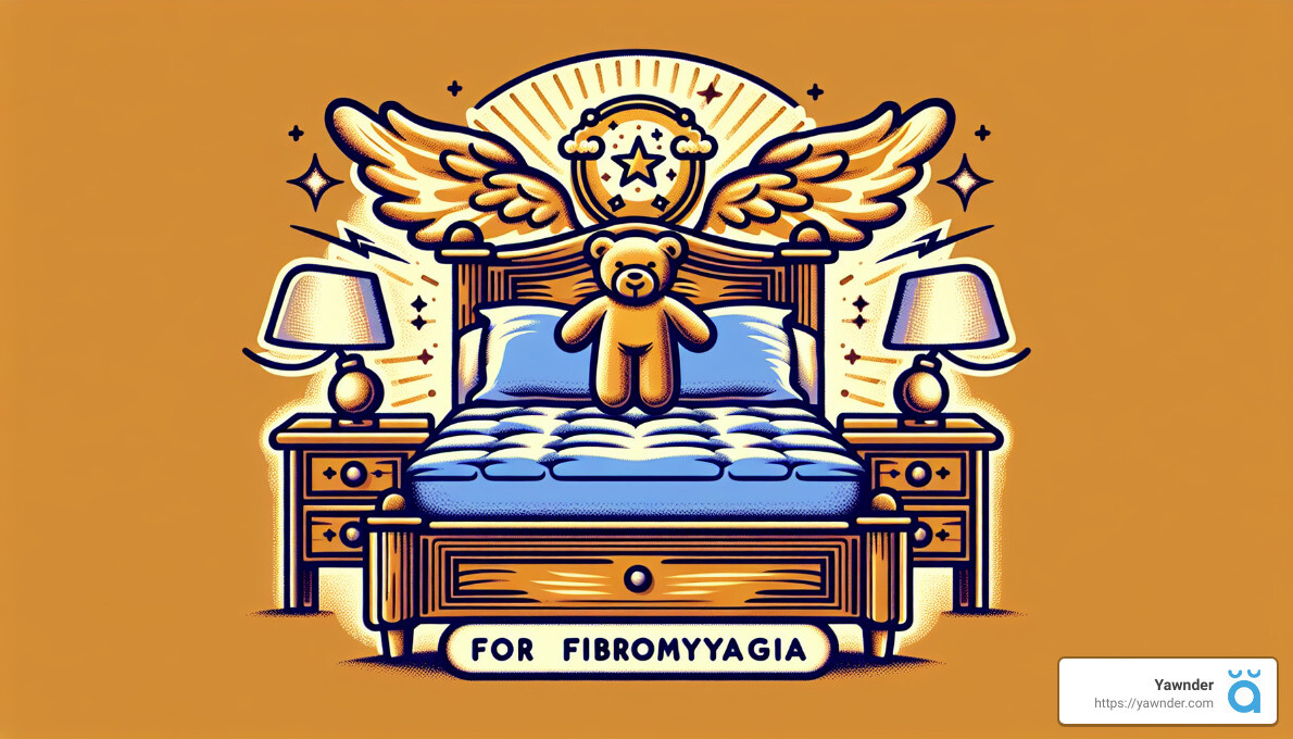 Illustration of a cozy bedroom with a bed, nightstands, and lamps. A teddy bear sits on the bed with angel wings above it and a clock, radiating a comforting glow. Text below reads "FOR FIBROMYALGIA". A logo in the corner displays the word "Yawnder".