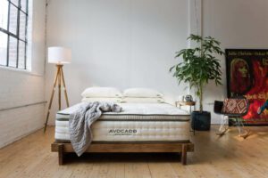 A modern, minimalist bedroom featuring a queen-size mattress on a wooden platform bed frame. The bed is topped with white pillows and a grey throw blanket. A floor lamp, a large plant, and a decorative wall tapestry complete the cozy ambiance. Text reads "AVOCADO.