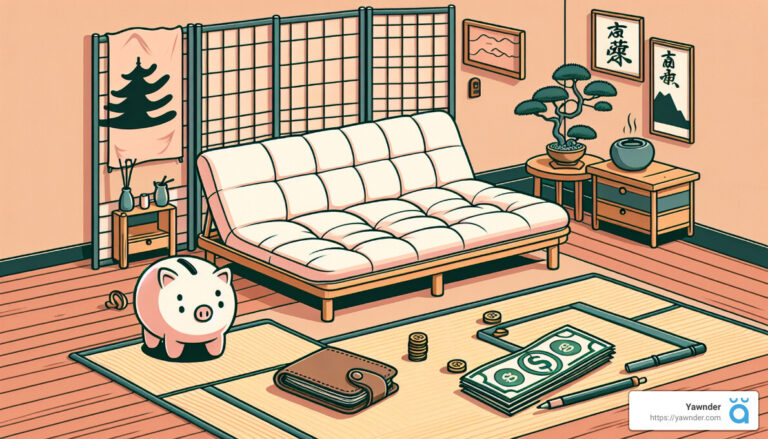 A cozy, minimalistic room with a futon sofa, a bonsai tree on a side table, Japanese wall hangings, coins, a wallet, a piggy bank, and stacks of money on a tatami mat. A paper screen and bamboo plants add an Asian-inspired touch to the decor.