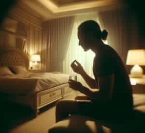 A person with a ponytail sits on a bench in a dimly lit bedroom, holding a glass and looking contemplative. The room has a bed with a tufted headboard, two lit lamps, and curtains drawn closed, creating a serene and intimate atmosphere.