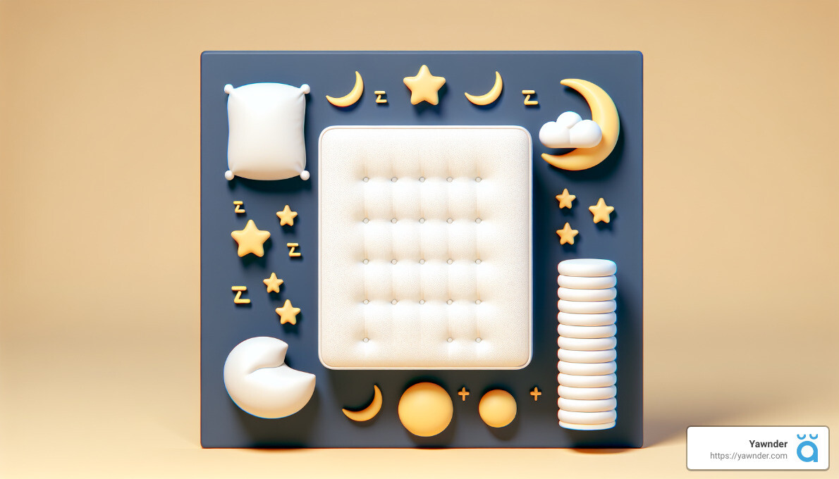 A blue board features a variety of sleep-themed icons arranged around a central quilted square. The icons include pillows, stars, crescent moons, stacks of pillows, and 'Z' symbols. A small credit label at the bottom right reads "Yawnder www.yawnder.com".