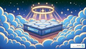 An illustration of a luxurious, cushioned bed labeled "DreamCloud Premier" floating among fluffy clouds with a starry sky in the background. A glowing halo rests above the bed, emphasizing a heavenly theme.