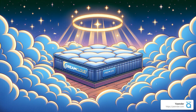 An illustration features a plush DreamCloud Premier mattress resting on a wooden platform amidst fluffy clouds, under a starlit sky. A glowing halo floats above the mattress, giving it a divine appearance. Logo for Yawnder is visible in the bottom right corner.