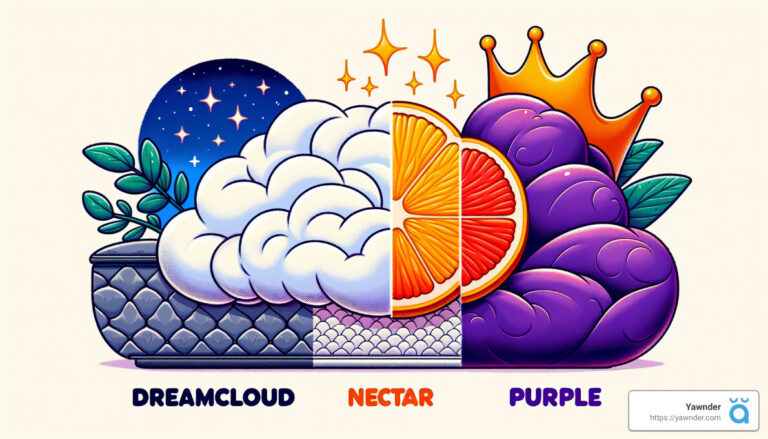 Illustration of three mattresses represented by different metaphors. On the left, "DREAMCLOUD" with a night sky and leaves. In the center, "NECTAR" with starbursts and orange slices. On the right, "PURPLE" with a purple brain-like shape and crown.