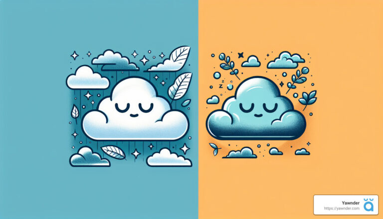 Two cloud illustrations are side by side: the left on a blue background with rain, leaves, and stars; the right on an orange background with branches, leaves, and sparkles. Both clouds have a peaceful, sleepy expression.