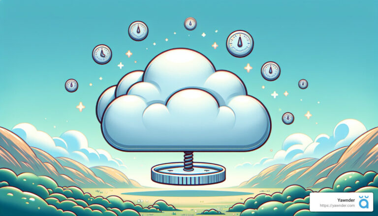 An illustration depicting a large, central cloud supported by a spring, surrounded by various clocks set to different times. The background features a rolling landscape and a clear sky with a few wispy clouds. The bottom right corner displays a website, "Yawnder.com".