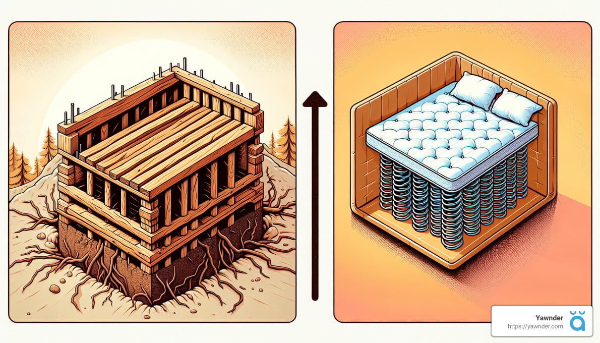 A split image with an arrow in the middle. The left side shows an unstable foundation of a wooden structure with roots underneath. The right side depicts a stable, boxed bed with springs and a mattress on top. A "Yawnder" logo is at the bottom right corner.