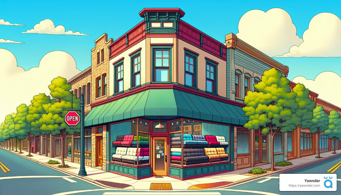 A quaint corner shop with large windows displays colorful fabrics. The store has an "Open" sign on the door. The building is surrounded by trees and bathed in bright sunlight under a blue sky with fluffy clouds. The street is empty of people and cars.