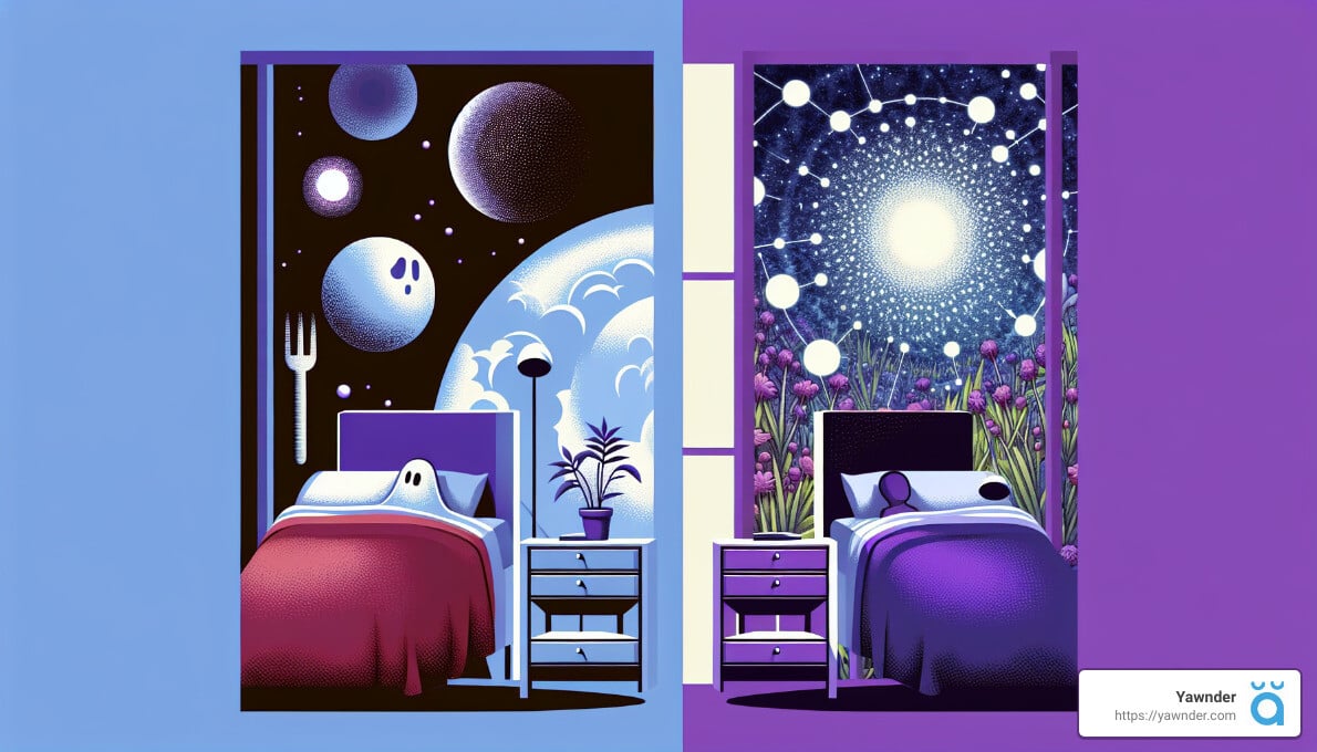 A split illustration shows two contrasting bedroom scenes. The left side has a space theme with planets and a ghost, featuring a red bed and nightstand. The right side depicts a nature scene with a luminous sun and leafy plants, featuring a purple bed and nightstand.