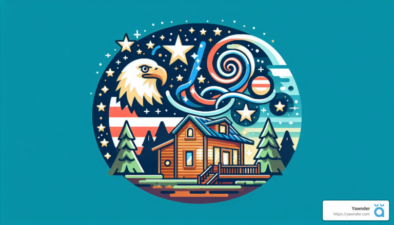 Illustration of a cozy wooden cabin in the forest at night. Surrounding it are tall pine trees and a night sky filled with stars, swirls, and an eagle's head. The scene is encircled, with a serene, dreamlike atmosphere. A small logo at the corner reads "Yawnder.