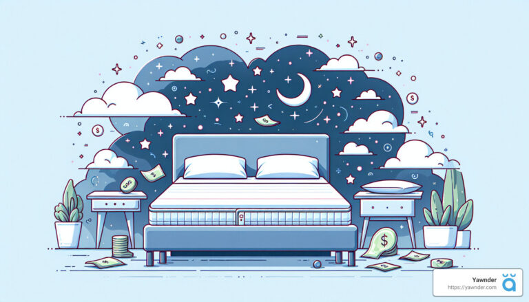 A dreamy, illustrated bedroom scene with a blue bed flanked by two nightstands. The background features clouds, stars, a crescent moon, and floating dollar bills, giving a whimsical, surreal feel. Plants and stacks of money are scattered around the room.