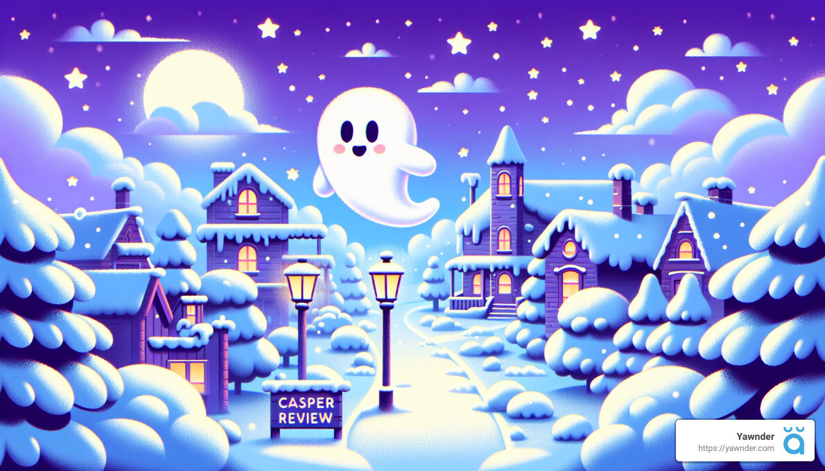 An illustration of a snowy village at night with lit street lamps and a starry sky. A friendly ghost hovers above the snow-covered houses. A sign reads "Casper Review." In the bottom right corner, there's a circular Yawnder logo and a URL, yawnder.com.