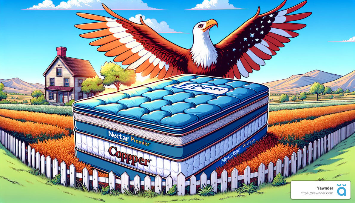 A stylized illustration features a majestic bald eagle with outstretched wings perched atop a stack of blue and white mattresses in a fenced-in field. A quaint farmhouse and clear sky serve as the background. A small logo in the bottom right corner reads "Yawnder.