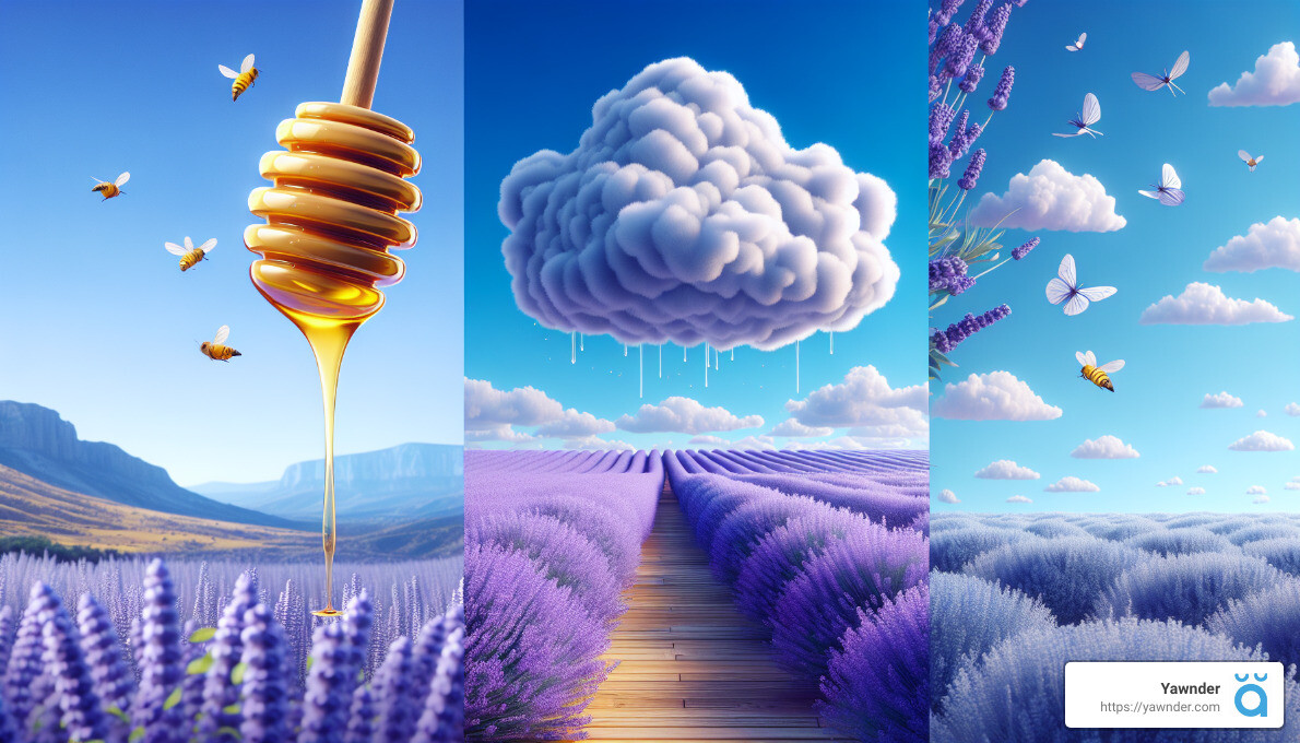 A triptych image: left shows bees around honey dripping from a dipper over a lavender field. Center depicts a lavender field under a raincloud. Right features butterflies and bees flying above a lavender field. Text at bottom right reads "Yamder" with a logo.