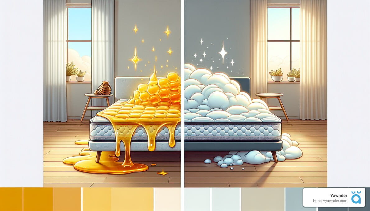 A split image shows a mattress, with one side covered in dripping honey and honeycomb and the other side covered in fluffy, white clouds. The room has light-colored curtains and windows. A color palette is displayed at the bottom, featuring warm and cool hues.