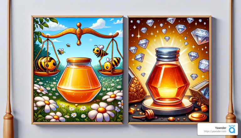 Two vibrant paintings side by side: Left, three bees hover around a jar of honey on a scale in a flower-filled meadow. Right, a jar of honey sits on a pedestal surrounded by diamonds and a honeycomb amidst a radiant orange background. .