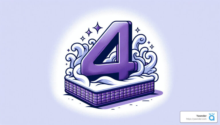 A stylized number 4 sits atop a platform with frothy waves and sparkles surrounding it. The image has a whimsical, cartoon-like feel with a blue and purple color scheme. The bottom right corner watermark reads "Yawnder" with a website link.