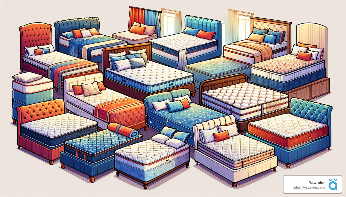 A colorful illustration features a variety of beds and mattresses, arranged in a grid. Each bed showcases different designs, headboards, and bedding styles. In the bottom right corner, there's a branded logo with the name "Yawnder" and a website URL.