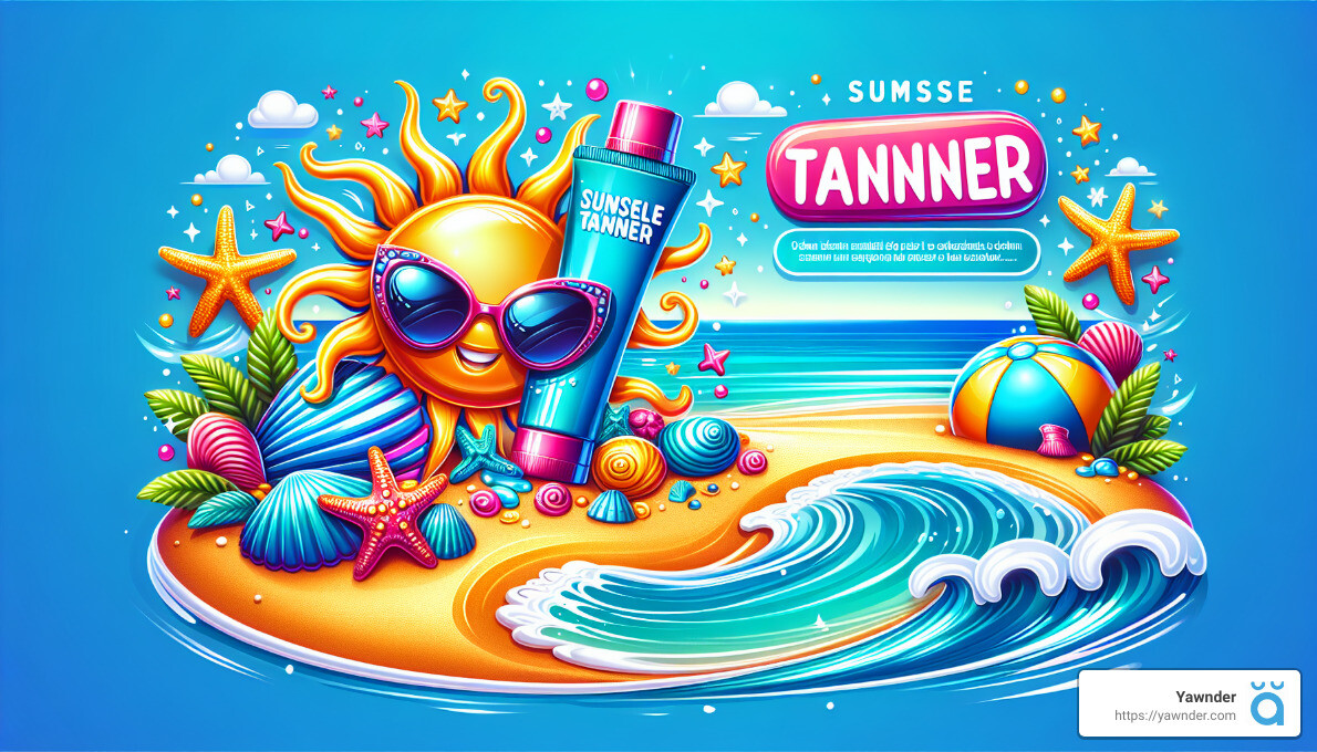 A vibrant beach scene features a cartoon sun wearing sunglasses next to a bottle labeled "SUMSSE TANNER." Surrounding the sun are colorful seashells, starfish, and waves with a bright blue sky as the backdrop. A Yawnder logo appears in the bottom right corner.