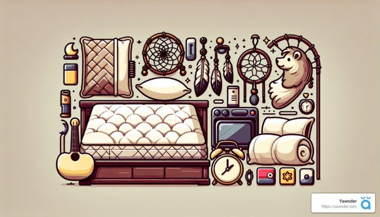 A cozy bedroom illustration featuring a bed, dreamcatchers, pillows, an alarm clock, a night lamp, a guitar, and various decorative and practical items neatly arranged. Everything is drawn in a charming, cartoonish style with earthy tones.