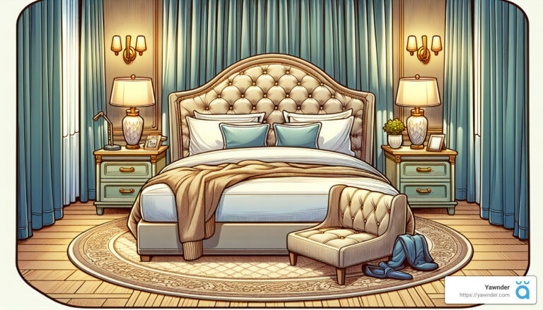 A cozy, well-decorated bedroom features a plush, tufted headboard, a neatly made bed with pillows and a blanket, two nightstands with lamps, blue curtains, and a small armchair with slippers and a robe. A soft rug covers the wooden floor.