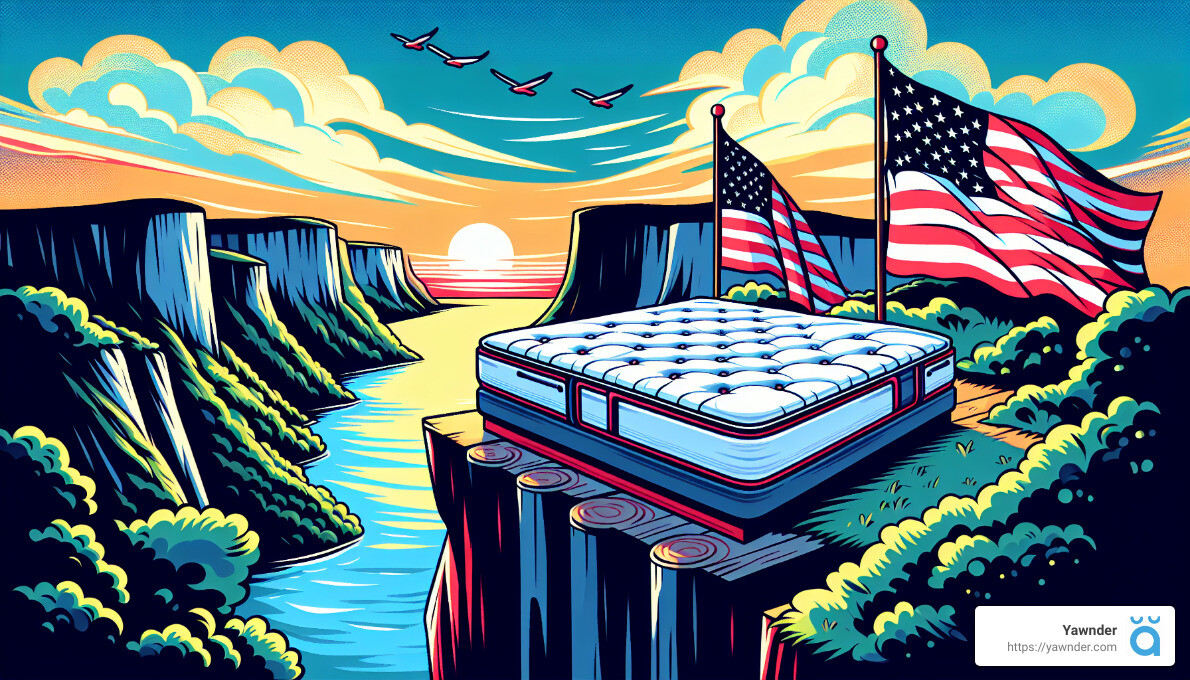 A vibrant cartoon image depicts a mattress on a cliff overlooking a river canyon at sunset. Two American flags are on either side of the mattress. Four planes fly in formation across the sky. A URL for "Yawnder (https://yawnder.com)" is shown in the bottom corner.