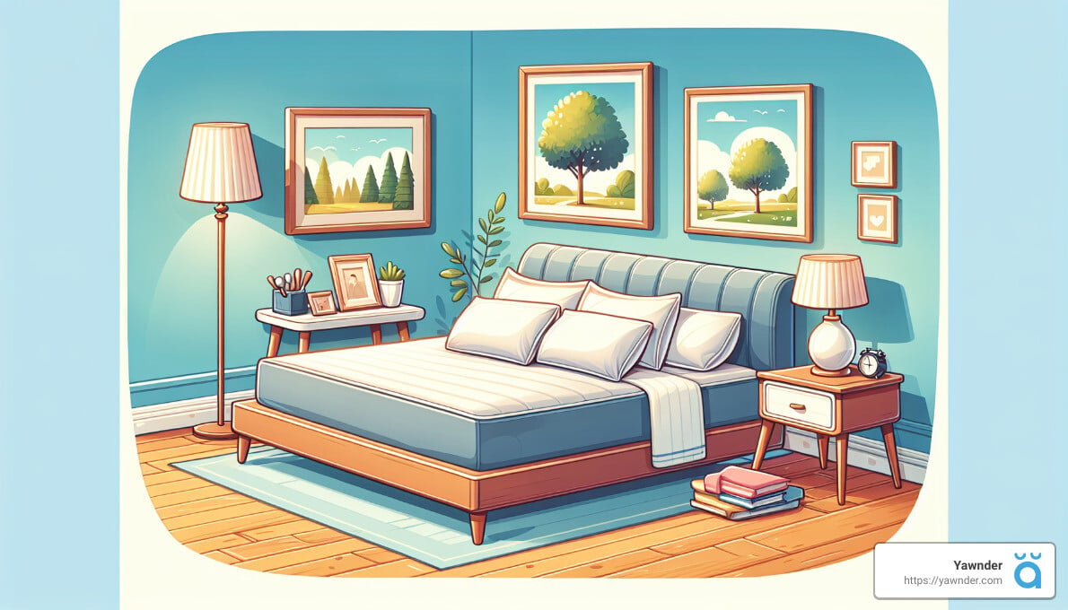 A cozy bedroom with a wooden bed frame and light blue bedding, surrounded by paintings of nature on the walls. A bedside table with a lamp, a small shelf with décor items, and some books on the floor complete the serene, tidy space.