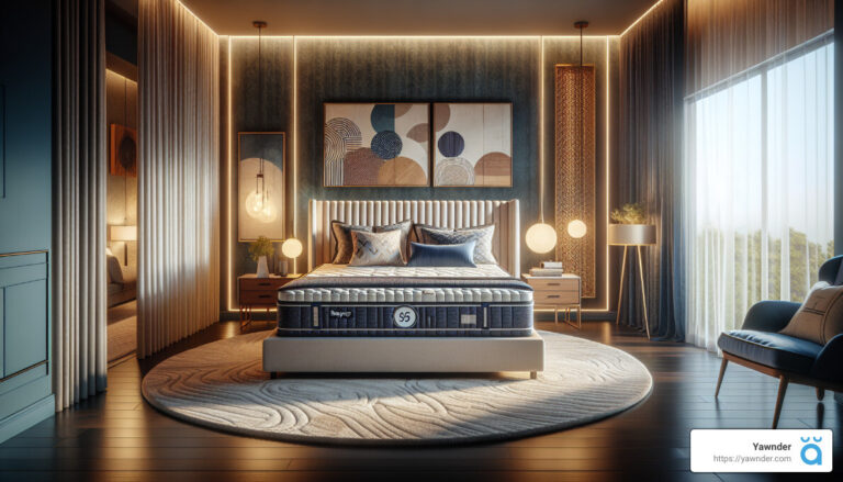 A luxurious, modern bedroom features a large, plush bed with a stylish headboard. Soft lighting accents the room's elegant decor, including abstract wall art and a circular rug. Floor-to-ceiling windows have sheer curtains, and a seating area is visible on the right.