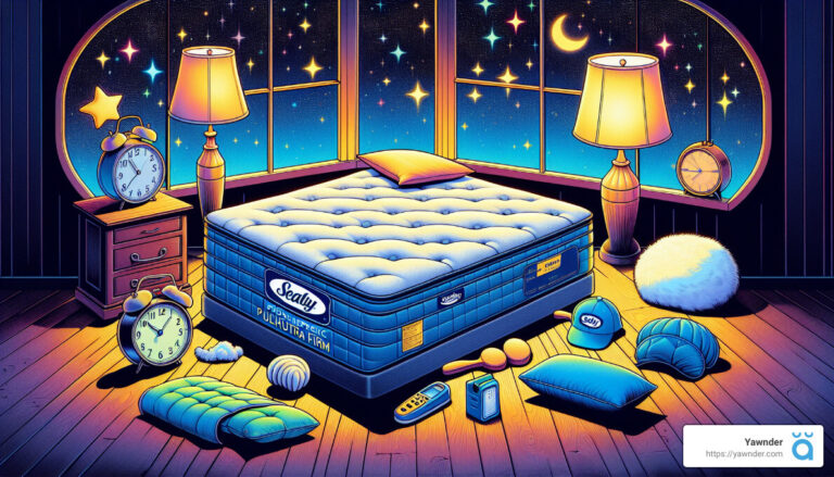 A surreal illustration of a cozy bedroom at night. The room features a large, plush mattress labeled "Sealy," surrounded by pillows, an alarm clock, fluffy rugs, and a glowing night sky visible through large windows. Warm lamps illuminate the scene.