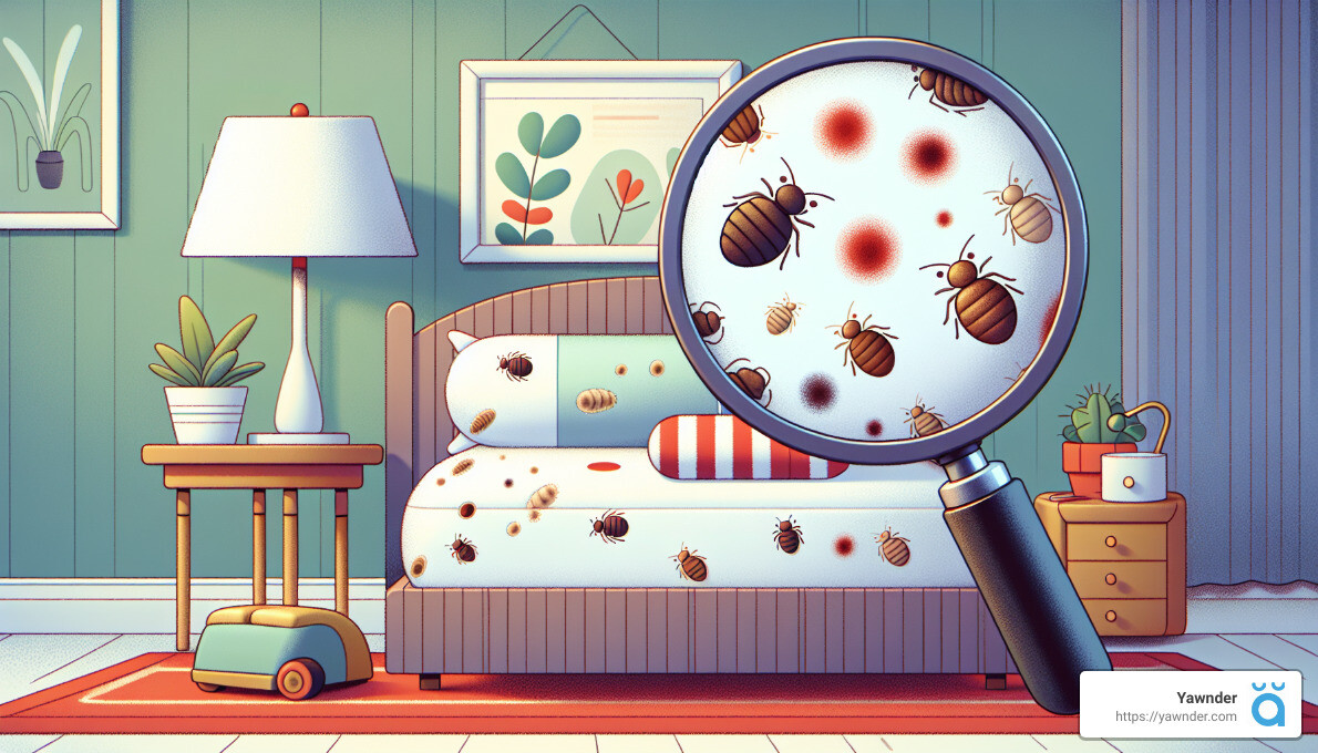 Illustration of a bedroom with a bed infested with bedbugs. A magnifying glass focuses on the bed, revealing several bedbugs and red spots. The room has a green wall, lamp, plant, framed picture, toy vacuum, and nightstand. The image includes a watermark with the name "Yawnder.